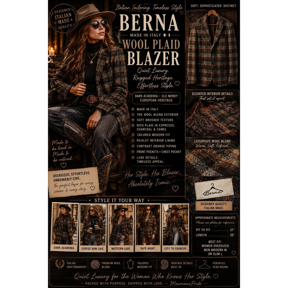 Berna Italy Wool Plaid Blazer Brown Gray Orange Paisley Lining Dark Academia M L